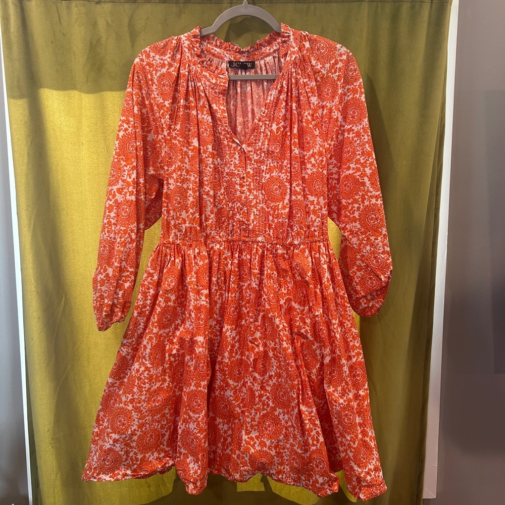 J.Crew Ruffle Collar Mini Long Sleeve Dress Cotton Poplin Orange Print Size L - Picture 2 of 6